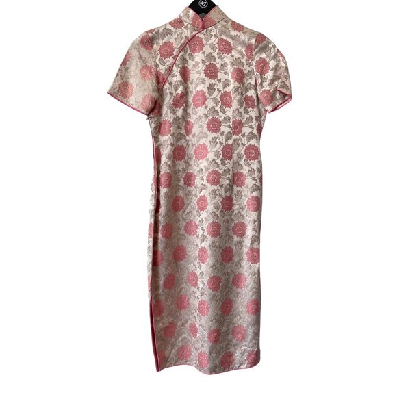 Vintage Floral Chinese Qipao Dress Size Medium Short Sleeve Damask Satin Pink - Picture 1 of 7